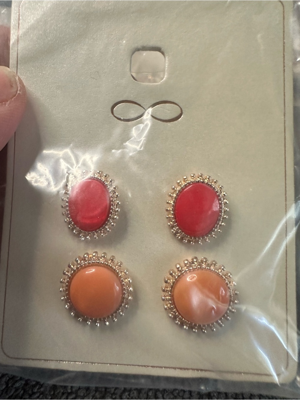 Gold-Tone Stud Earring Set with Coral Red and Peach Cabochons
